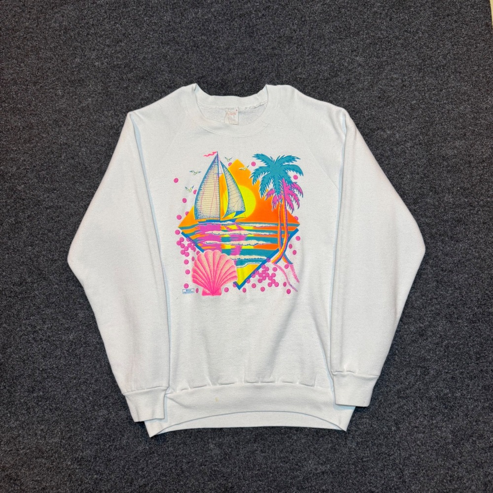 Vintage 1989 Girl White Graphic Sweatshirt Neon Sailboat Beach Scene Large USA
